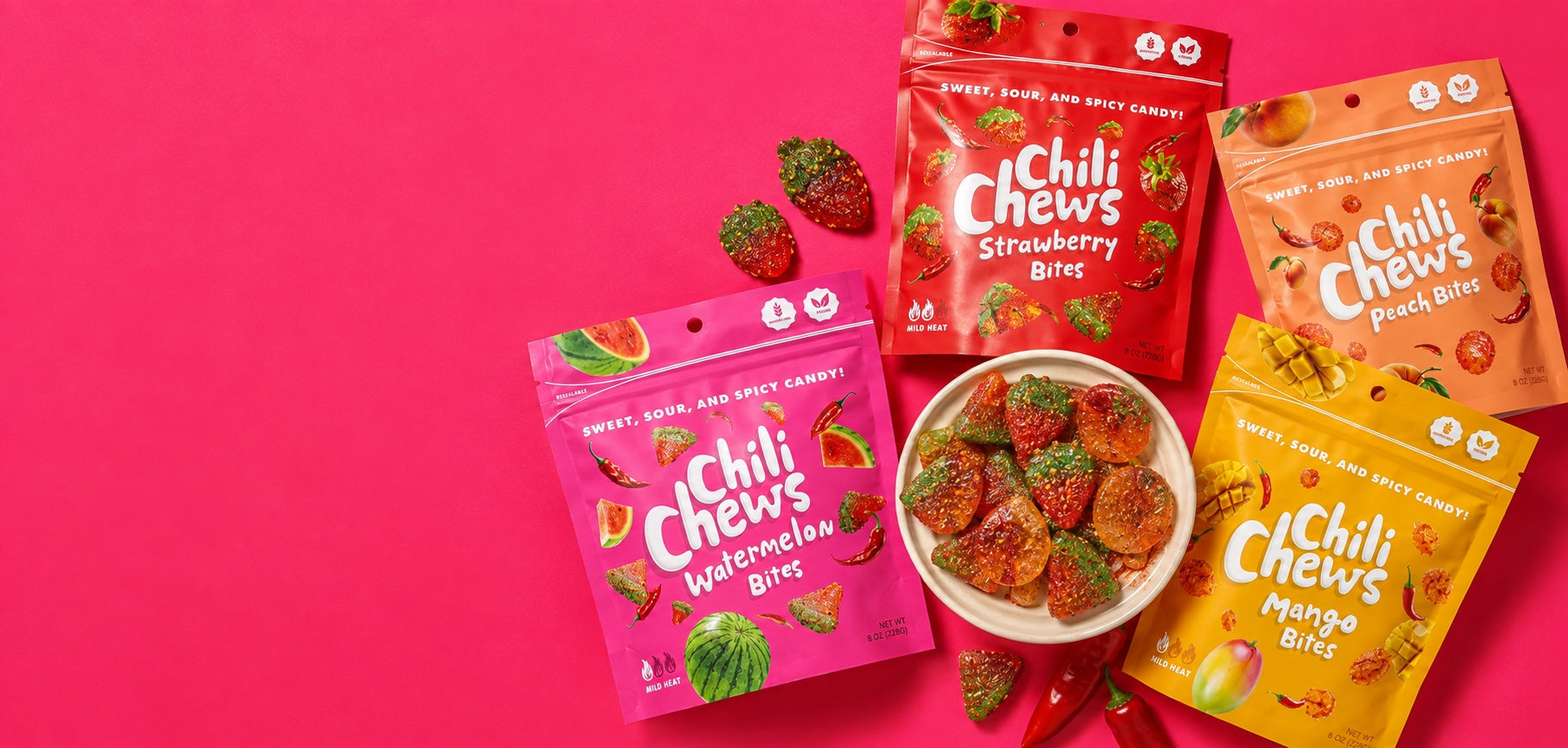Chili Chews Mango, Strawberry, Watermelon, and Peach candy bags