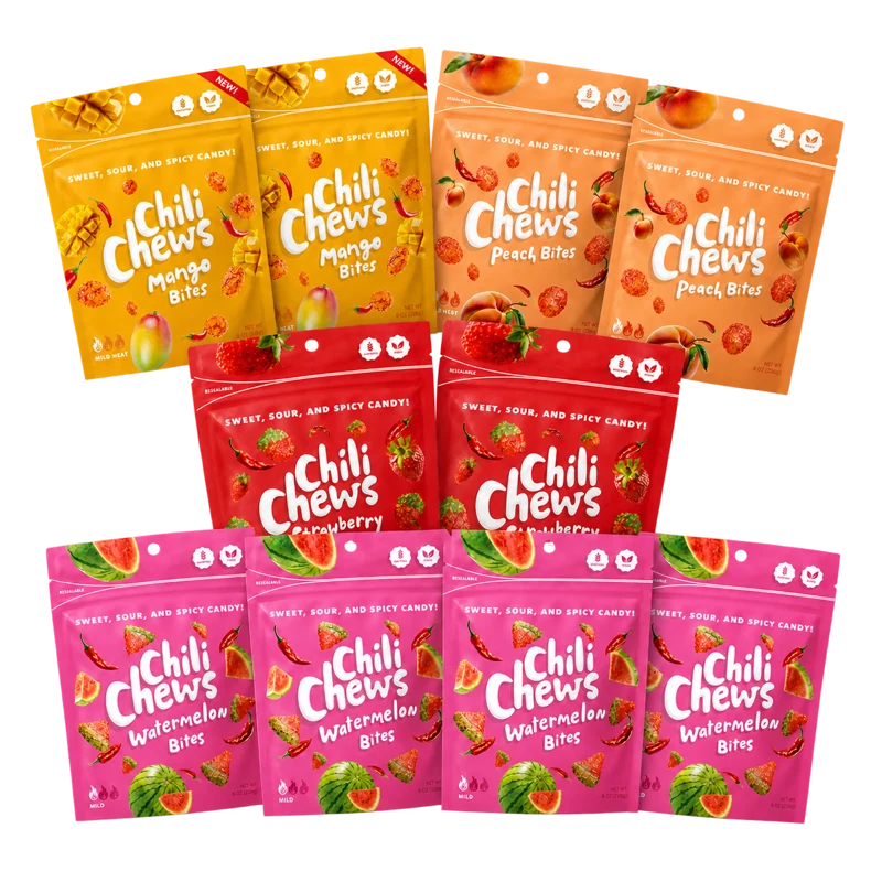 Ten-bag Chili Chews Bite Box with Mango, Peach, Strawberry, and Watermelon Bites