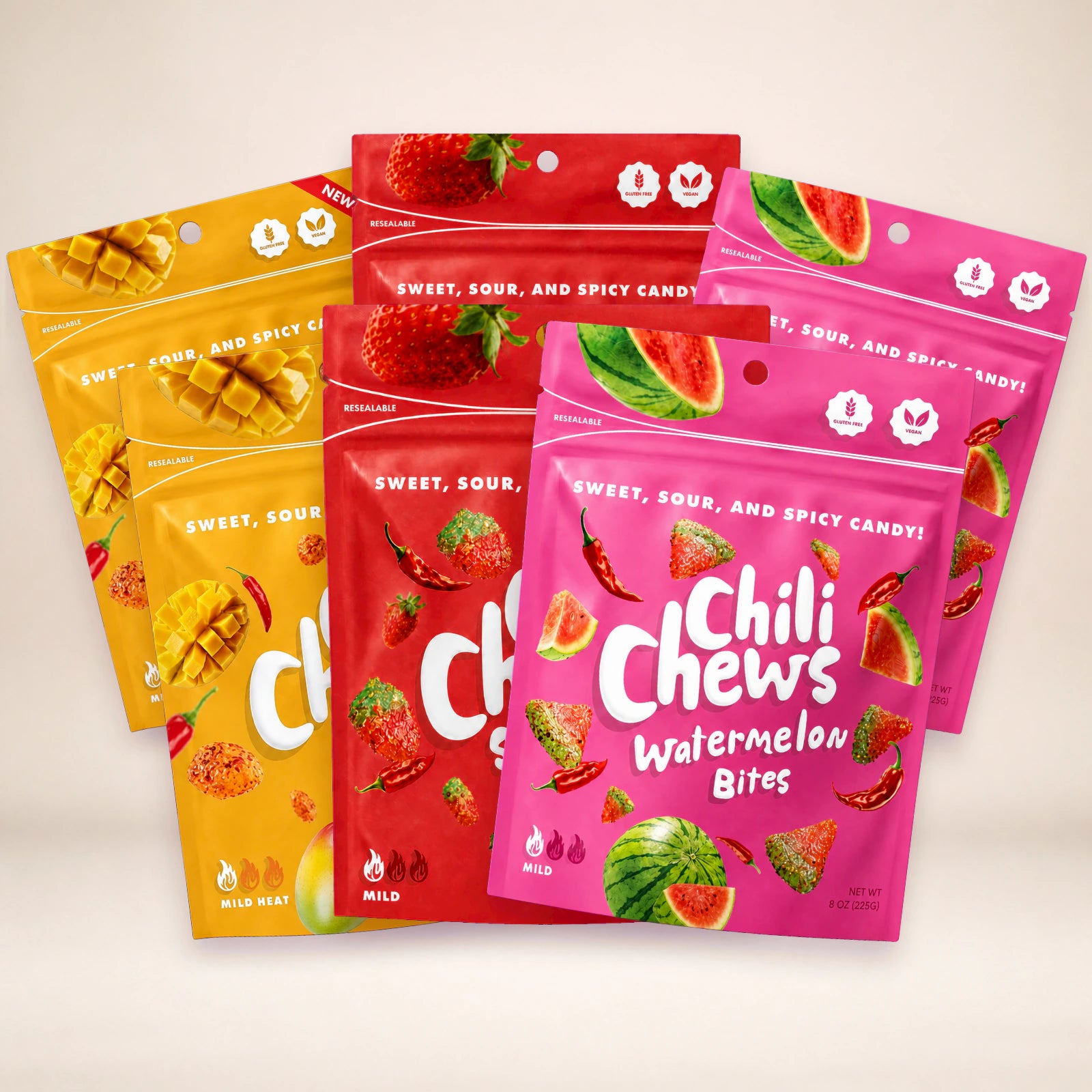 Six-bag Chili Chews Variety Pack with two Mango, two Strawberry, and two Watermelon bags