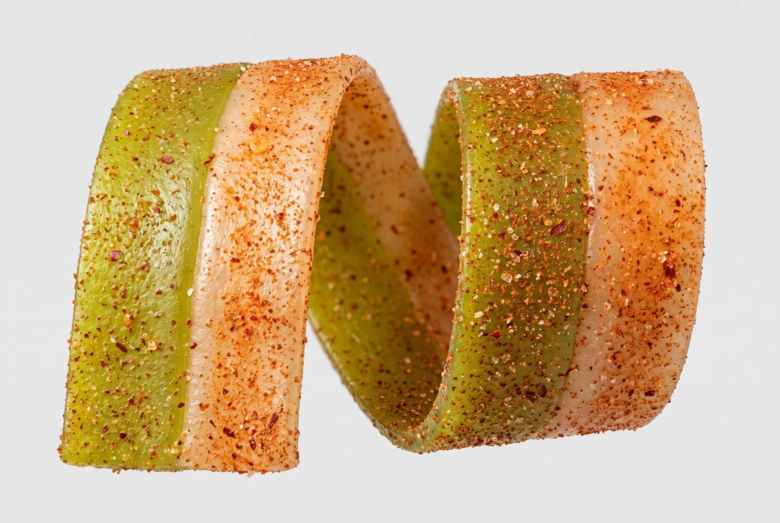 A two-tone Chili Chews Pickle Belt coated in chamoy, chili flakes, and salt