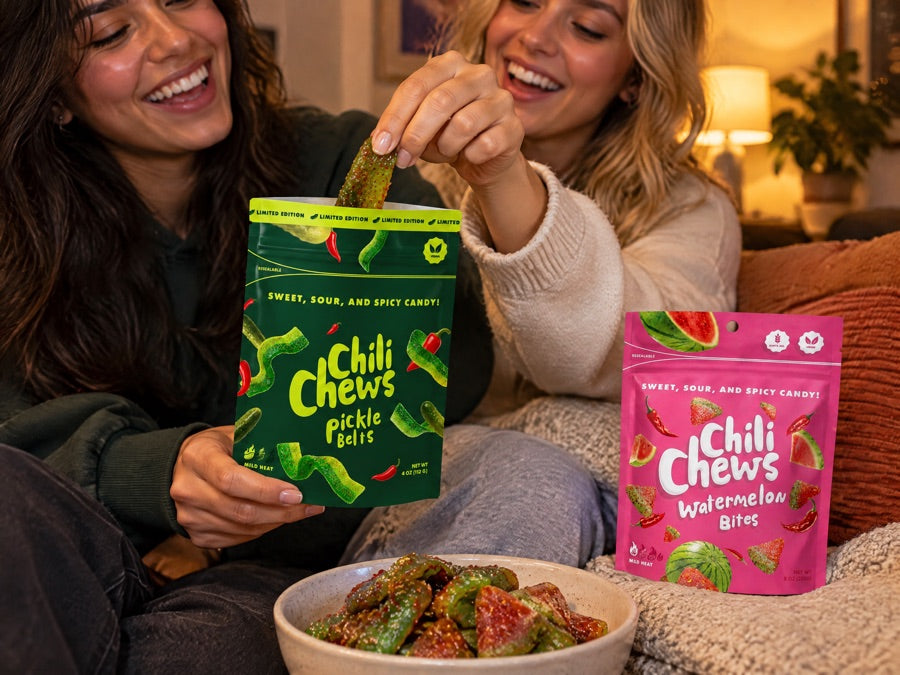 Friends sharing a bag of Pickle Belts