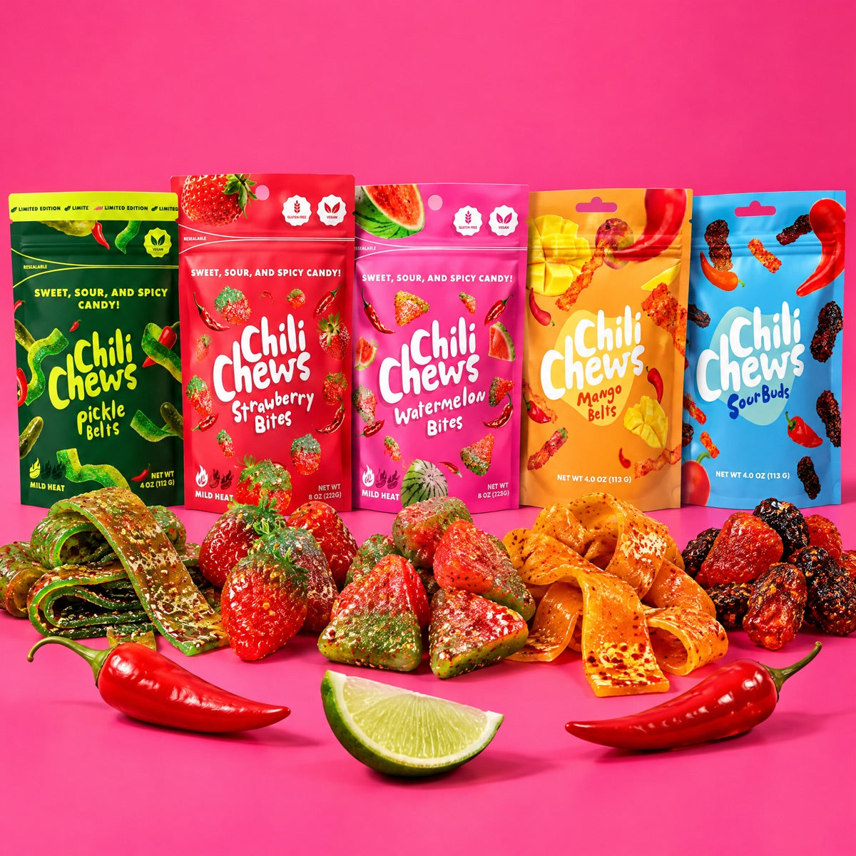 Chili Chews flavors lined up with chamoy gummies