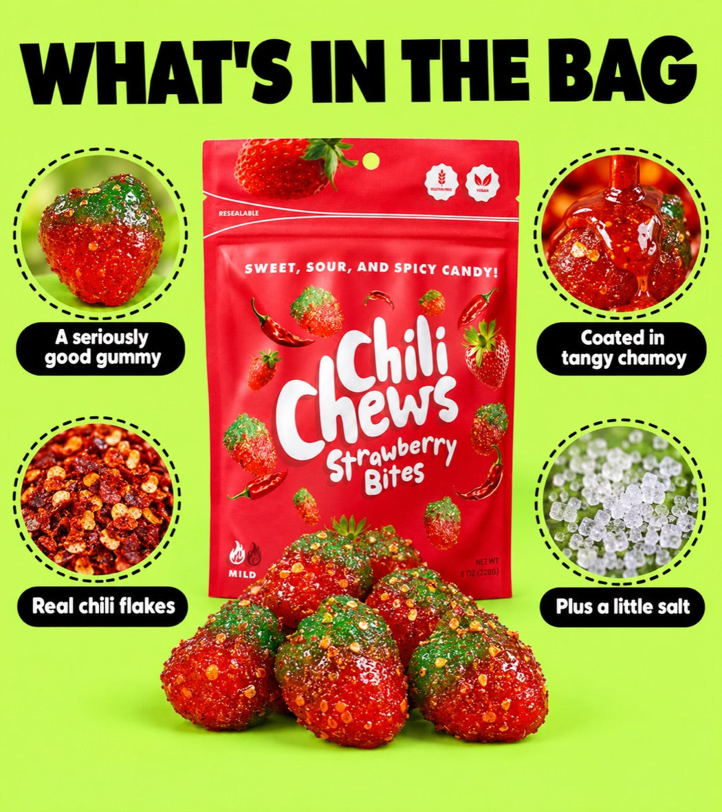 What's in the bag: gummy, tangy chamoy, real chili flakes, a little salt
