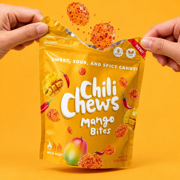 Hands tearing open a Mango Bites pouch