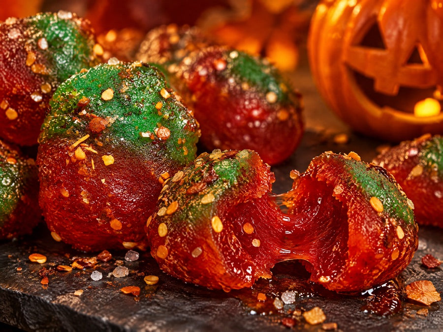 Close-up of chamoy gummies with real chili flakes