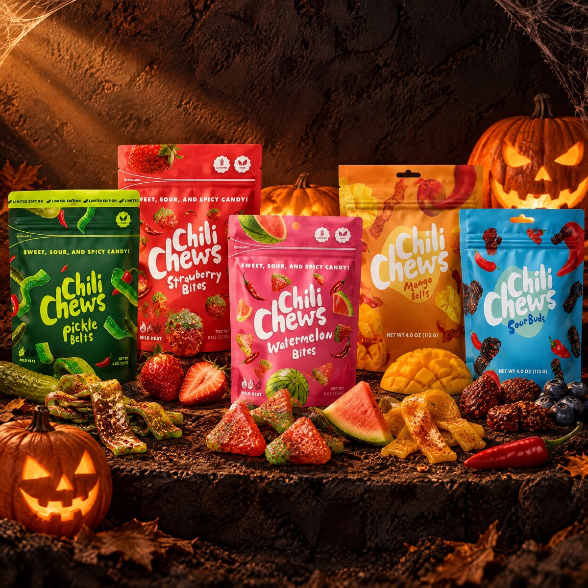 Chili Chews flavors lined up with jack-o'-lanterns and chamoy gummies