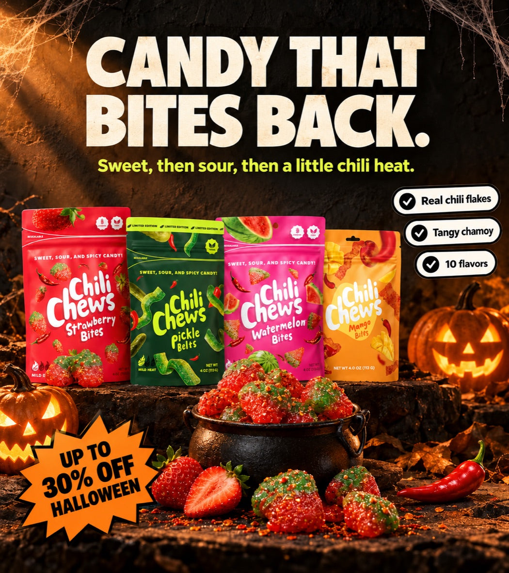 Chili Chews pouches with jack-o'-lanterns, up to 30% off for Halloween