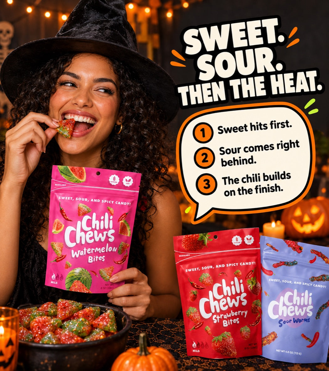 Sweet, then sour, then the chili builds on the finish