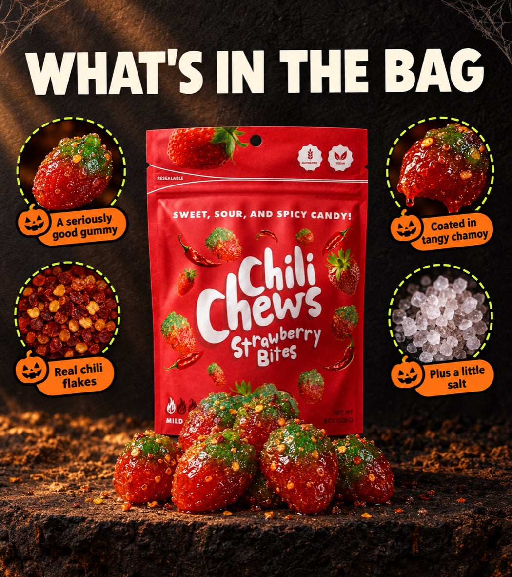 What's in the bag: gummy, tangy chamoy, real chili flakes, a little salt