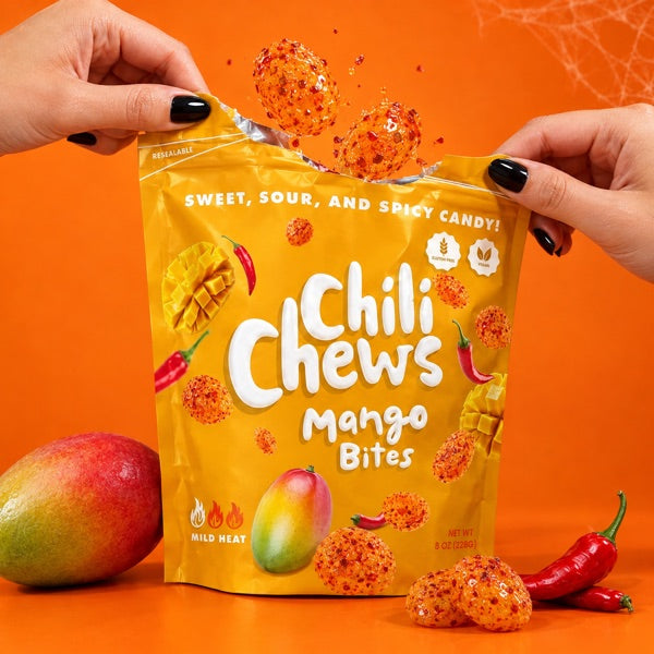 Hands tearing open a Mango Bites pouch